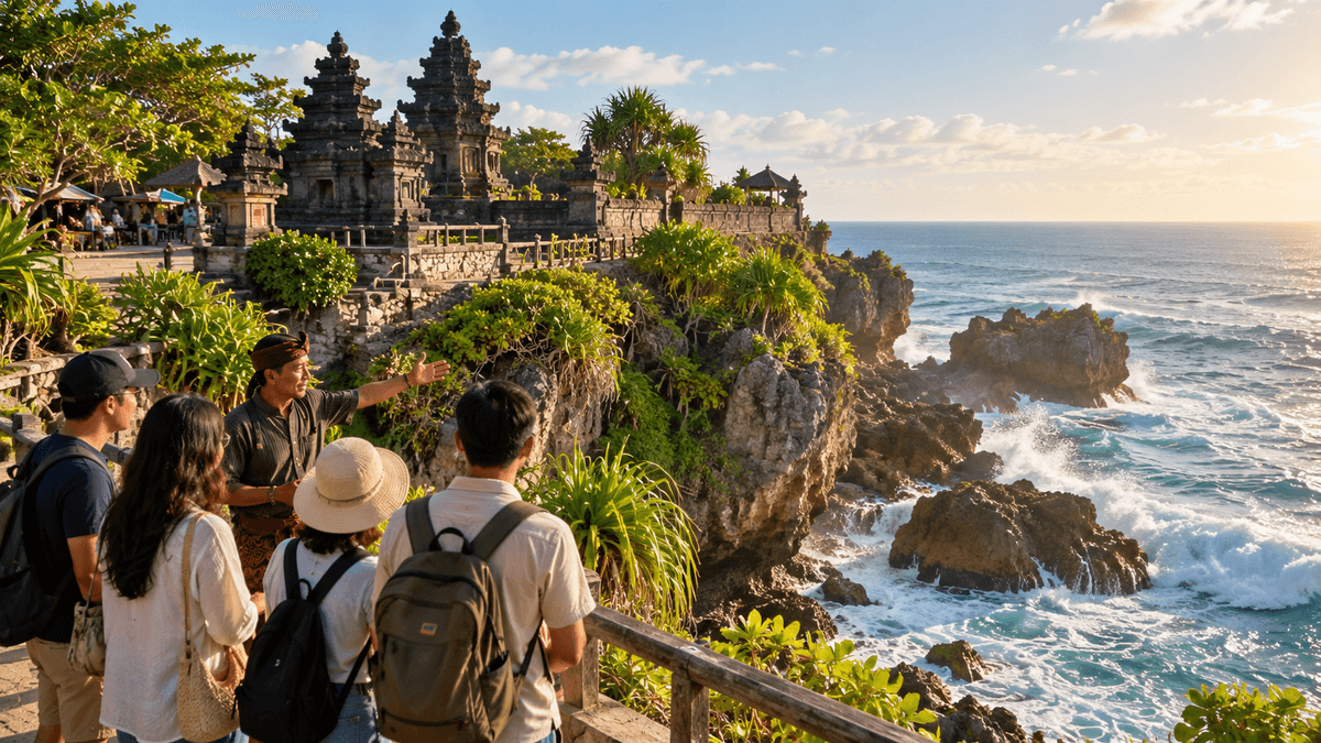 Coastal landscape at Pantai Ngobaran in Gunungkidul, near culturally significant places.