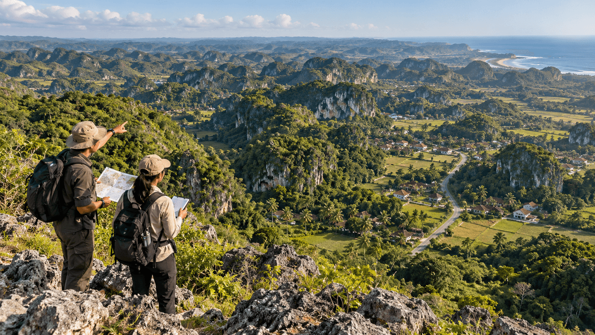 Perbukitan batu gamping dan lanskap karst di kawasan Gunung Sewu, Gunungkidul, Yogyakarta.