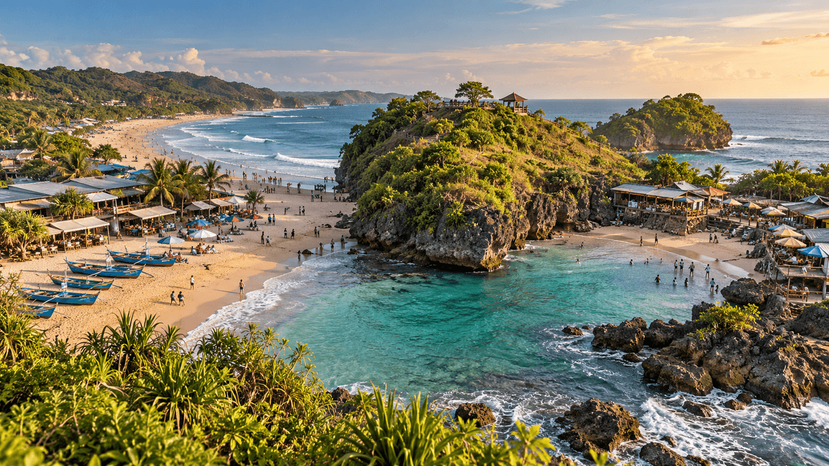Visitors walking along a Gunungkidul beach near rest areas and local food stalls.